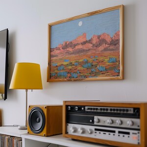 Pastel Art Print: Big Bend National Park Moon Sunset - Mid-Century Modern Western Cactus Poster image 3