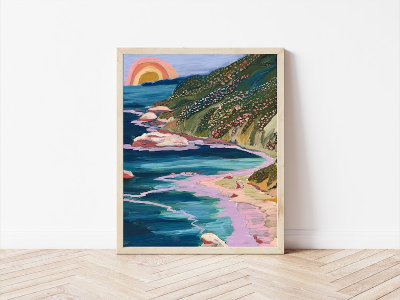 Big Sur California Print Colorful Travel Poster San Francisco Beach Coastal Decor Pacific Highway Landscape Poppies Rainbow Ocean image 2