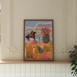 Wilder Westen Mixed Media Collage Druck | Wüsten-Kaktus Cowboy-Sonnenuntergang-Wand-Kunst | Arizona Texas New Mexico Reise Poster | Vintage Retro Moderne