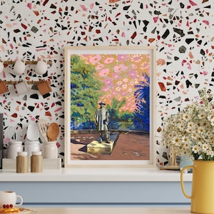 Impresión de la estatua de Stevie Ray Vaughan / Póster de viaje a Austin, Texas / Arte de pared colorido con un lago Lady Bird / Decoración vintage retro de bosque natural / Floral