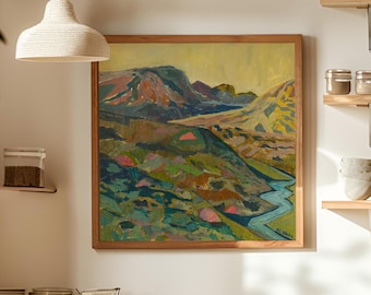 May include: A square framed painting depicting a landscape with rolling hills, textured brushstrokes in shades of green, blue, and pink, and a winding river flowing through the valley under a pale yellow sky, signed by the artist in the corner.