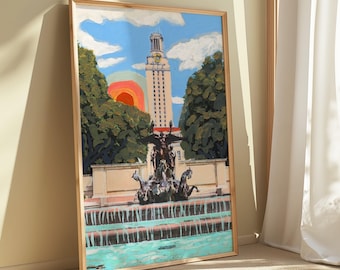UT Austin Longhorn Druck: Regenbogen Turm, Texas Kunst