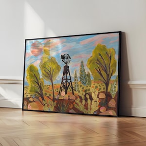 West Texas Ranch Windmühle Kunstdruck | Western Reise Poster | Big Bend Nationalpark Gemälde | Wüstenkaktus Rocks | Vintage Mid-Century Kunst