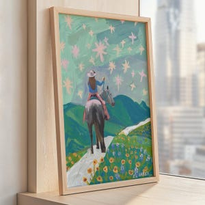 Cowgirl Art Print: Texas Wildflowers, Mountain Horses, Mid-Century Modern Decor