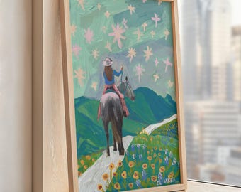 Cowgirl Art Print: Texas Wildflowers, Mountain Horses, Mid-Century Modern Decor