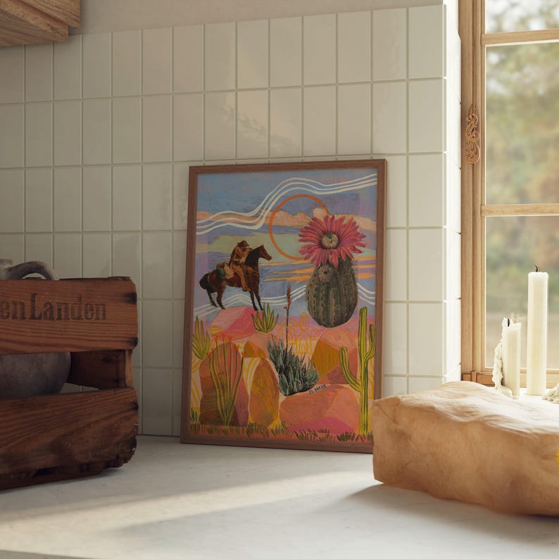 Wild West Cactus Sunset Art Print: Vintage Cowboy Desert Wall Decor - Etsy