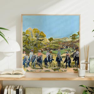 Lámina artística de vaqueros de rancho de Texas: Paisaje vintage del suroeste.