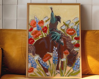 Bucking Bronco Cowboy Art Print: Retro Texas Rodeo Poster