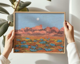 Pastel Art Print: Big Bend National Park Moon Sunset - Mid-Century Modern Western Cactus Poster
