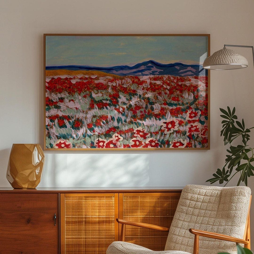 California Poppy Field Art Print: Mountain Landscape Painting