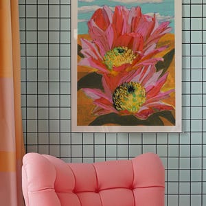 Rosa Wüste Kaktus Blumen Poster | Vintage Retro Western Wandbild | Texas Rodeo Big Original Kunstwerk | Amerika Landstraße Collage