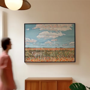 Arte de flores silvestres de Texas Longhorn / Póster de la autopista Western Bluebonnet / Pintura original de Austin Hill Country / Retro vintage moderno de mediados de siglo
