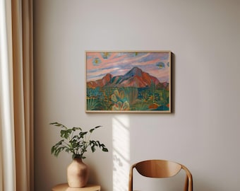 Desert Sunset Cactus Print: Mid-Century Modern Western Landscape