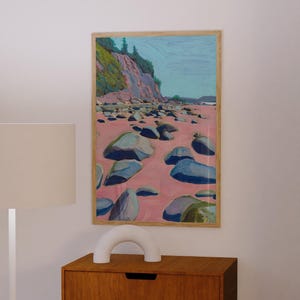 Impresión artística de rocas de la playa de Montecito / Póster de paisaje costero de California / Pintura de viaje de Santa Bárbara y Los Ángeles / Océano retro vintage
