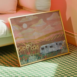 Vintage Airstream Reiseanhänger Druck | West Texas Wüstenlandschaft Gemälde | Southwestern Botanical Poster | Sonnenblumen Kaktus Art