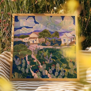 Texas Hill Country Cottage Painting | Vintage Austin Art | Colorful Cactus Nature Poster | Botanical Floral Cloud Print | Southwestern Decor
