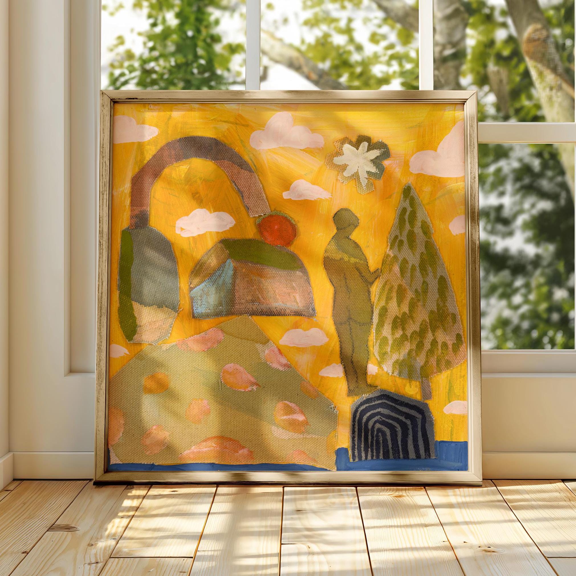 アンティーク　絵画　自然　山　木 Retro Nature Abstract Figure Art Print, Forest Landscape