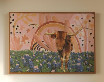 Texas Longhorn Painting: Rainbow Bluebonnets, Austin Art Print