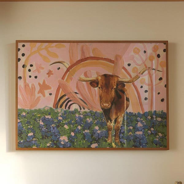Texas Longhorn Painting: Rainbow Bluebonnets, Austin Art Print