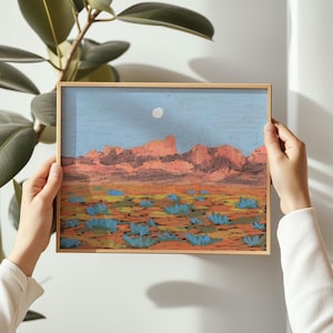 Pastell Original Kunstdruck Big Bend Nationalpark | Mond Sonnenuntergang Wüste Landstraße | Marfa Texas Reisen | Midcentury Modern Western Kaktus Poster