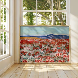 Kalifornischer Mohn Landschaft Print | Berg Wildblumen Gemälde | Blumenfeld Poster | Blumen Wand Kunst | Blumen Kunst | Botanisches Dekor