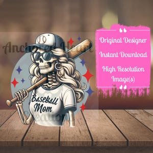 以下が含まれることがあります： 野球帽、サングラス、そして「Baseball Mom」と書かれた白いシャツを着たスケルトンのデジタルイラスト。スケルトンはバットを持っている。