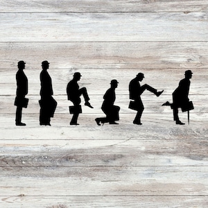 May include: A series of black silhouette figures in various poses, each holding a briefcase and wearing a hat. The figures appear to be in motion, with one kicking and another using a cane. The background is a light wood grain.