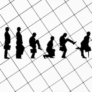 May include: A sequence of six black silhouettes of a person in a suit and bowler hat, each in a different pose, carrying a briefcase. The figures are set against a white background with a black grid pattern.
