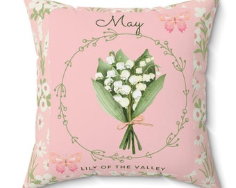 Geburtsblumen-Kissen für Mai, Maiglöckchen und Weißdorn-gesponnenes Polyester-Quadrat-Kissen