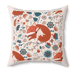 Folk Art Pillow- Fox Sleeping-Spun Polyester Square Pillow