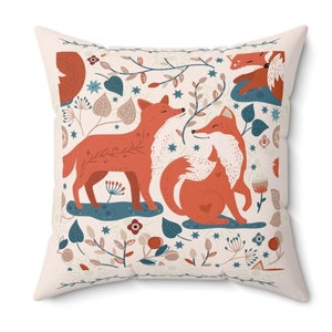 Folk Art Pillow- Two Foxes Playing-Spun Polyester Square Pillow