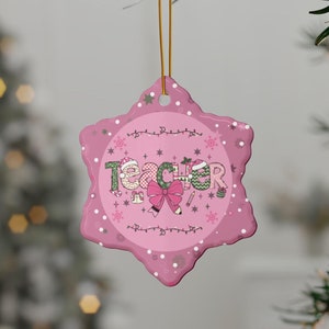 Teacher Christmas Ornament: Pink Pencil Bow, 2-Sided Ceramic Print