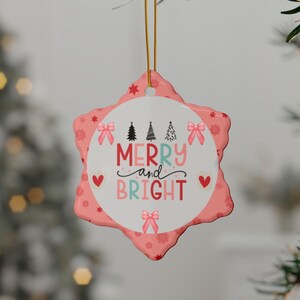 Retro Ceramic Christmas Ornament: Pink & Gray, Merry and Bright