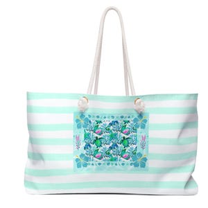 Tropical Striped Weekender Bag, Floral Travel Tote, Beach Vibes Tote, Vacation Bag, Weekend Getaway Bag, Summer Vibes, Overnight Bag
