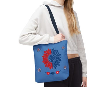 Patriotic Floral Tote Bag, Shopping Bag, Red, White and Blue Tote, Summer Tote, Independence Day Accessory, USA Tote, Fourth of July Bag,