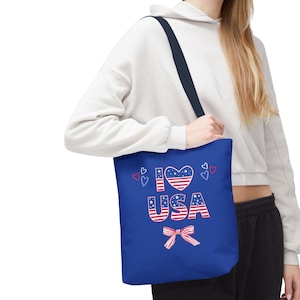 Patriotic Tote Bag - I Love USA Tote, American Flag Shopping Bag, Fourth of July Tote, USA Souvenir, Summer Beach Bag, Independence Day Gift