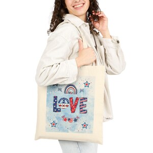 Patriotic Love Cotton Canvas Tote Bag: Fourth of July Reusable Shopping Bag