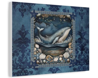 Whale Canvas Print: Dark Blue Ocean, Coastal Home Decor