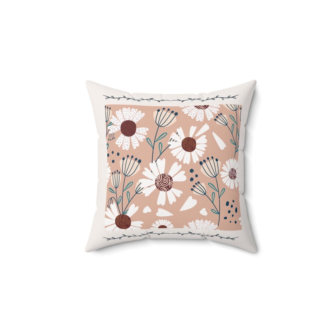 Floral Pillow- Brown and Cream Blossoms-spun Polyester Square Pillow ...
