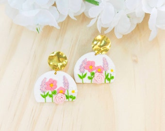 Polymer Clay Boho Earrings, Clay Dangle Boho Earrings, Clay Floral Earrings Dangles, Polymer Clay Flower Boho Earrings, Clay Flower Earring