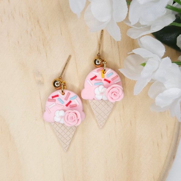 Polymer Clay Ice Cream Earrings, Summer Ice Cream Earring, Clay Flower Boho Earring, Ice Cream Dangles, Clay Summer Earrings