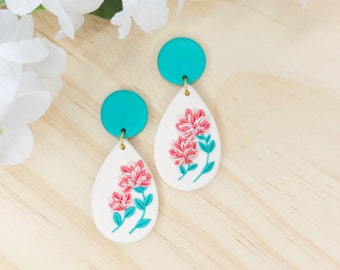 Teardrop Floral Boho Polymer Clay Earring, Dangle Flower Earring, Clay Boho Earring, Handmade Floral Dangles, Elegant Clay Summer Earring