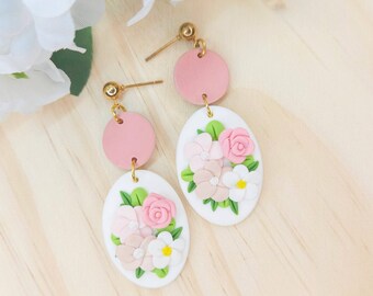 Polymer Clay Boho Earrings, Spring Clay Floral Earrings, Handmade Flower Boho Earrings, Elegant Floral Dangles, Clay Flower Bouquet Earrings