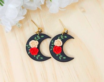 Polymer Clay Boho Black Moon Earrings, Crescent Moon Clay Earrings, Handmade Dangle Moon Earrings, Flower Moon Earrings, Clay Boho Earrings