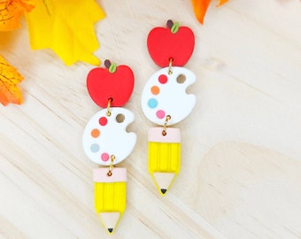 Polymer Clay Back to School Teacher Earring, Clay Teacher Earring, Dangle Teacher Earring, Back to School Apple Earring, Pencil Earrings