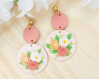 Clay Floral Boho Earrings, Polymer Clay Flower Statement Earring, Elegant Summer Clay Earring, Flower Bouquet Dangle Earring, Handmade