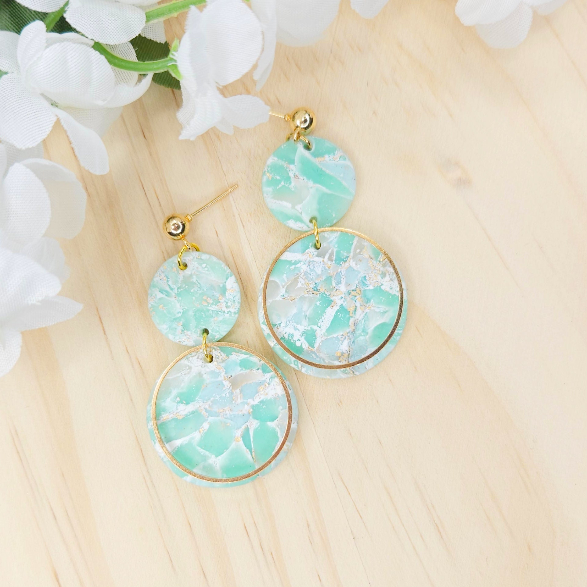 Polymer Clay Teal Marble Earring, Translucent Marble Earring, Dangle Clay Marble Earring, Circle Teal Earrings, Handmade Marble Earrings