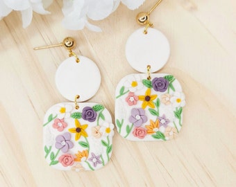 Polymer Clay Floral Boho Earring, Dangle Boho Earrings, Clay Flower Earrings, Floral Bouquet Earrings, Elegant Wildflower Clay Earrings