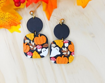 Polymer Clay Halloween Earrings, Clay Fall Earrings, Dangle Halloween Earrings, Pumpkin Ghost Clay Earrings, Dangle Spooky Earrings