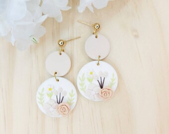 Polymer Clay Boho Earrings, Clay Flower Earrings, Spring Floral Earrings, Clay Neutal Flower Earrings, Dangle Clay Netral Boho Earrings
